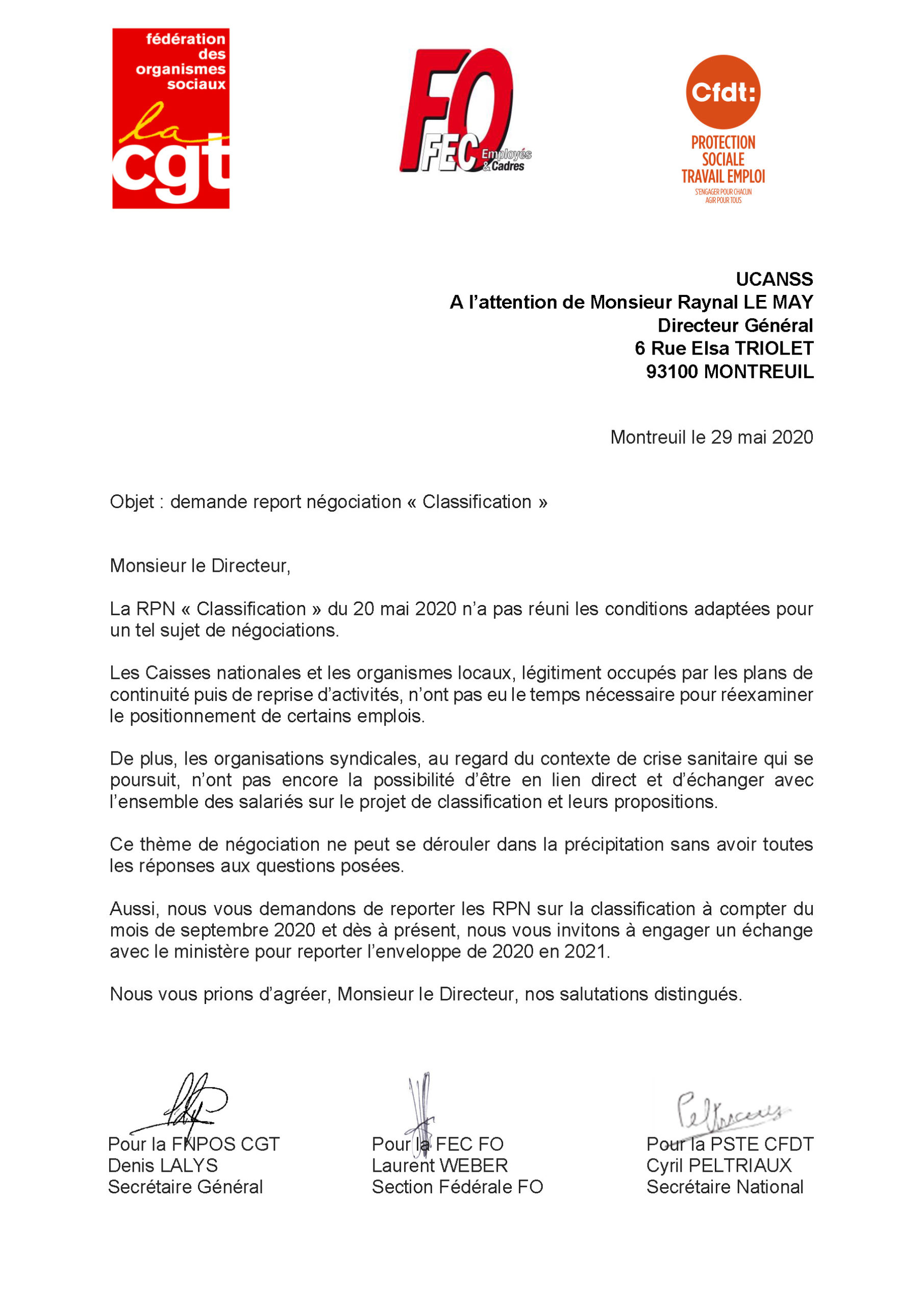 Courrier à l'attention de Monsieur LE MAY. - Fédération des Organismes Sociaux - CGT